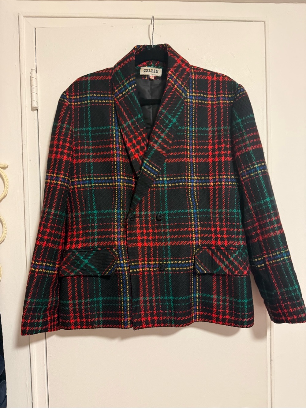 Celain French Vintage Red & Green Plaid Wool Blend Blazer
